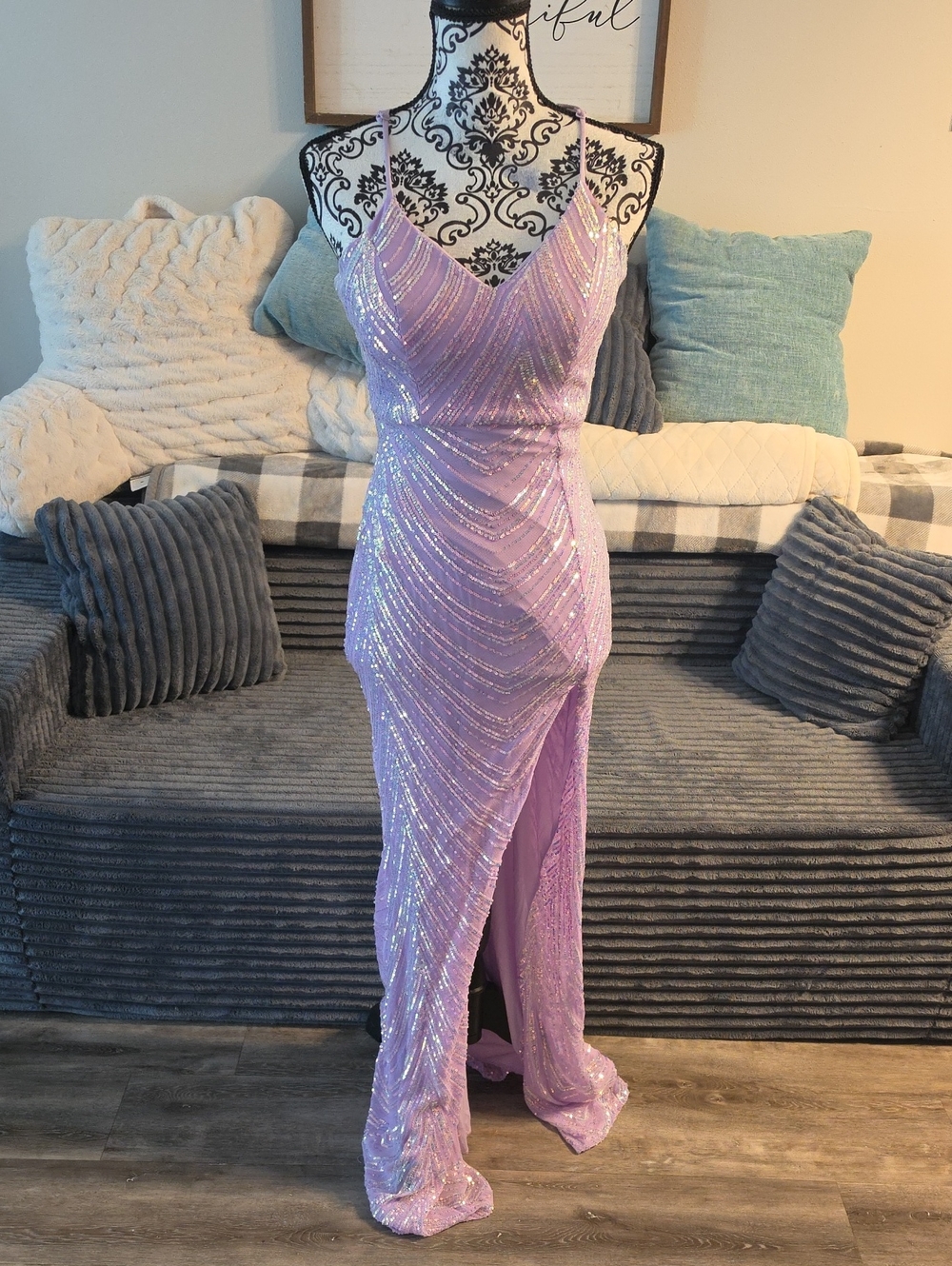 Lavender Sequin V-Neck Evening Gown - Elegant Spaghetti Strap Dress